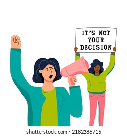 Women With Protest Poster And Megaphone. Protestantism And Demonstration Concept. Vector Illustration.