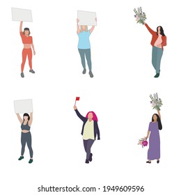 Women protester set isolated, woman and girl with placard. Vector women political rights, collection of protest people, design politics activism illustration