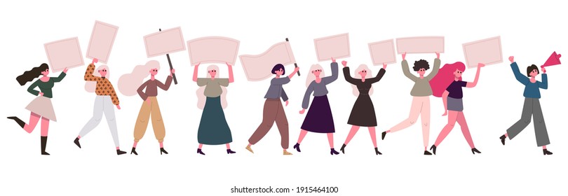 Frauenproteste. Frauenbewegung, feministische Aktivisten mit Bannern und Plakaten. Demonstration Frauenrechte Schutz Vektorgrafik Set. Frauenrechtsbewegung, Feminismus-Schwesternschaft