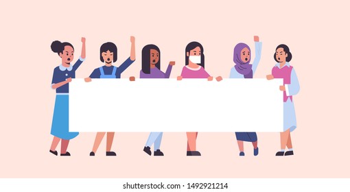 women protesters holding blank placard mix race girls activists with empty sign banner protest demonstration strike concept flat full length horizontal