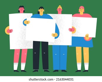 Women protesters standing and holding white banners. Concept of female march for rights or against something. Vector illustration