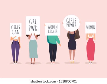 Women protesters. Vector illustration of people holding signs, banner and placards on a protest demostration or picket. 