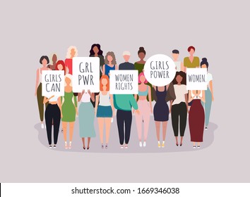 Women protesters. Vector illustration of people holding signs, banner and placards on a protest demostration or picket.