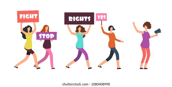 Women protesters walking on manifestation. Feminism, womens rights and protest vector concept. Illustration of woman demonstration and protest, walking with banner and poster