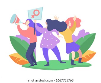 Women protesters walking on manifestation, feminism strike vector. Womens rights and protest concept, woman demonstration with placards and loudspeaker. Female march, civil position and democracy