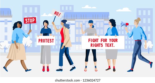 Women protesters.Fight for your rights text. Concept of femine female march for rights or against something. Femen interracial, multiracial strike. Diverse woman group holding hands for special event.