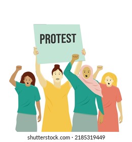 women are protesting against the new rules, their hands are raised up and clenched into a fist holding a poster