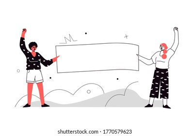 Women are protesting with a banner, flags. Voting people at the demonstration. Isolation of the concept of political rally and the vector of protest. Illustration of group protest.
