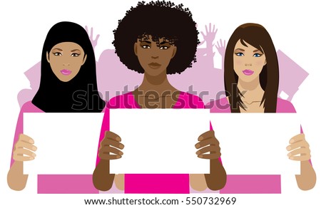Women protesting with crowd of protesters behind them. EPS 10 vector.