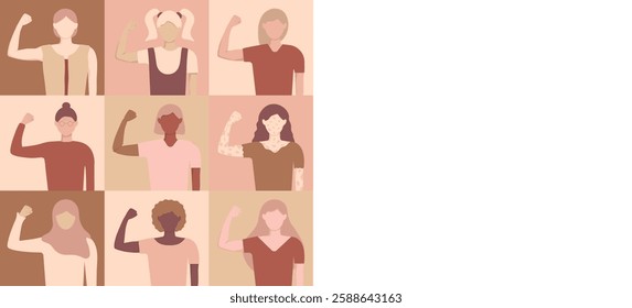 Women protesting for their rights. Female profile of different nationalities, ages and skins show strength of biceps. People raised their hands up. Girl power banner with copy space.