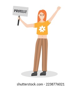 Women protests. Angry girl holding a banner and raising fist up. Concept of protest, democracy, rights. Civil resistance. Hand drawn vector cartoon illustration. Female community. Demonstration.