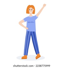 Women protests. Angry girl raising fist up. Concept of protest, democracy, rights. Civil resistance. Hand drawn vector cartoon illustration. Female community. Demonstration, revolution, meeting.