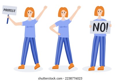 Women protests in different poses. Angry girl holding a banner, raising fist up. Concept of protest, democracy, rights. Civil resistance. Hand drawn vector cartoon illustration. Female community.