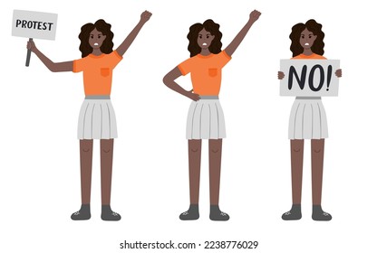 Women protests in different poses. Angry girl holding a banner, raising fist up. Concept of protest, democracy, rights. Civil resistance. Hand drawn vector cartoon illustration. Female community.