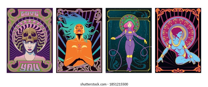 Women Psychedelic Art Style Posters, 1960s, 1970s Rock Music Album Covers Style 