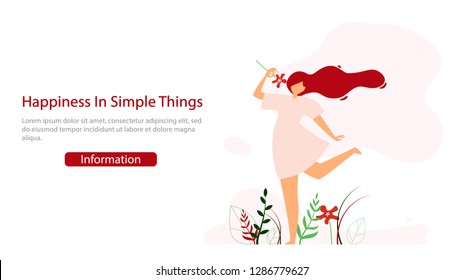 Women Psychological Consultation Flat Vector Web Banner. Young Happy Lady Holding Flower, Enjoying Life Illustration. Motivation, Positive Thinking and Open Ming Practice Course Landing Page Template