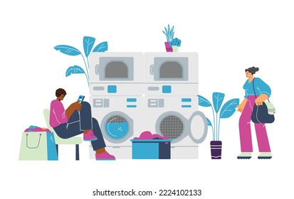 Women In Public Laundry Room, Flat Vector Illustration Isolated On White Background. Diverse Characters Meeting In Self Service Laundromat To Wash And To Dry Clothes.