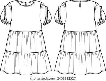 women puff short sleeve,smocked hem,flowy, babydoll dress fashion vector,cad	