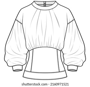 Women Puff Sleeve Crew Neck Drop Shoulder Blouse Top Fashion Flat Sketch Vector Illustration. Garment Template. Cad Mockup.