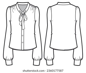 Dibujo plano de la moda de la blusa del arco del codo de las mujeres con vista frontal y trasera. Blusa de camisa de manga larga Plantilla de vectores de desgaste casual