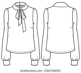 Women pussy bow blouse design flat sketch fashion illustration with front and back view. Long sleeve shirt Peter pan collar blouse Casual wear drawing vector template