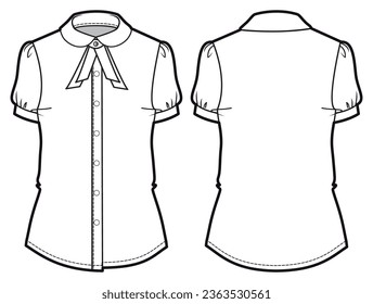 Dibujo plano de la moda de la blusa del arco del codo de las mujeres con vista frontal y trasera. Camisa de manga corta Peter blusa de cuello de la sartén Ropa casual plantilla de vector de dibujo