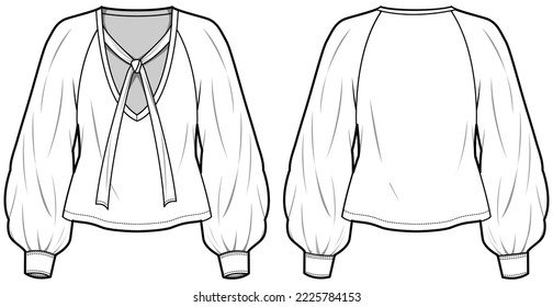 Mujer blusa de arco de coño con detalles de cuello v diseño dibujo plano ilustración de moda con vista frontal y posterior