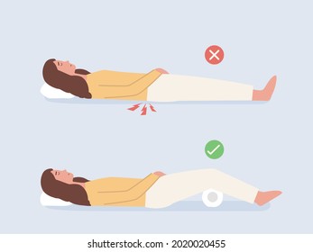 Women put another pillow under the back of her knees while lying down for sleep. People show a correct sleep on back posture. svg