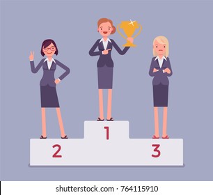 Women put on pedestal of honor. Honoring businesswomen on display for high esteem, place of reverence, workers treating with great respect. Vector flat style cartoon business concept illustration