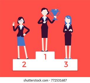 Women put on pedestal of honor. Honoring businesswomen, display for high esteem, place of reverence, workers treating with great respect. Vector business concept illustration with faceless characters