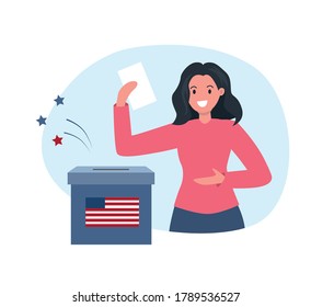 Women puts ballot in voting box. Elections in America. Flat vector illustration. 