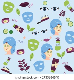 Women quarantine stay at home. She is relaxing with beauty face salon spa, enjoying beauty mask on her face. Women and teenager self-care during pandemic. Theme collage, Pattern, seamless background.