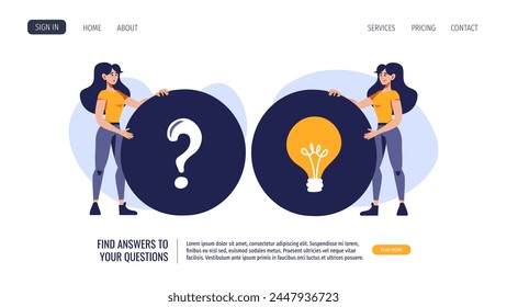 Women with question icon and bulb icon. Vector illustration for banner, website. Decision, support, problem solution, idea, communication concept.