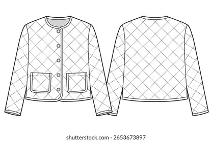 Women quilted collarless jacket. Technical sketch