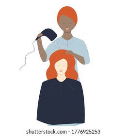 Women of racial diversity. Woman has hair cut by black hairdresser vector illustration