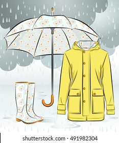 Women rain boots, waterproof jacket and umbrella with colorful seamless floral pattern against cloudy background with raindrops