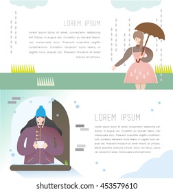 women in rainy day and winter season, happy life, vector flat background banner with texts box. easy to be background and web banner