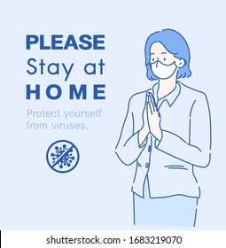 Women raise their hands to pay respect "Please stay at home". Infection control concept. Hand drawn in thin line style, vector illustrations.