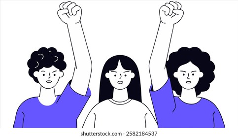 Women with raised fists, simple flat illustration, feminist activism female power equality concept