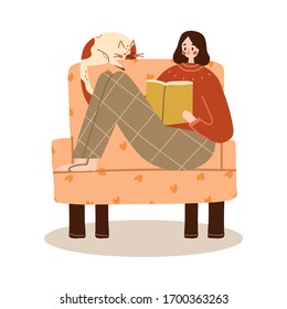 Mujeres leyendo un libro en el sillón y descansando con un gato. La vida diaria es acogedora.Quédate En Casa. Ilustración de vectores para 
publicidad en librerías, motivación para leer libros, diseño impreso, postales y otros