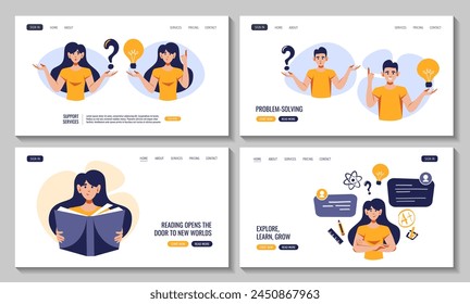 Women reading book. People with question icon and bulb icon. Educational icons. Flat style vector illustration for education, knowledge, studying, reading, support concept. Set of web pages.