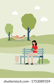 Women reading book in summer park and relaxing in hammock outdoors - cartoon poster with people enjoying nature and leisure. Vector illustration.