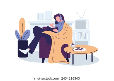 women reading book in winter at home flat style illustration vector design