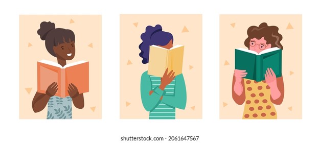 Women reading books. Collection of characters who love literature. Education, selfdevelopment. Stories, poems. Girls in library. Cartoon flat vector illustration isolated on white background