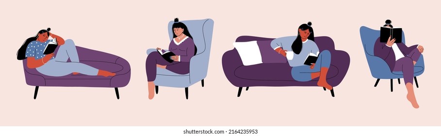 Women reading books. Girls on sofa chair with book, journal, cartoon hand drawn characters, literature fans. Vector set