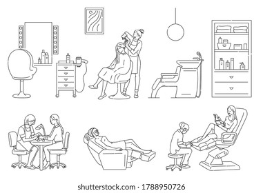 Women receive beauty care at a beauty salon or spa. Interior with equipment and a set of beauty treatments. Collection of vector outline illustrations.