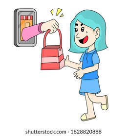 women receive goods from the online shopping marketplace. cartoon illustration sticker