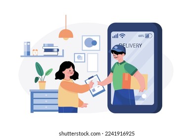 Women receive a package appears on-screen phone by courier at home