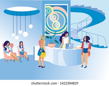 Women at Reception in Art Center. Communicate with Administrator. Compositions Exhibition Center. Women in Stylish Clothes. Modern Art Gallery. Vector Illustration. Pastel Interior in Hall Gallary