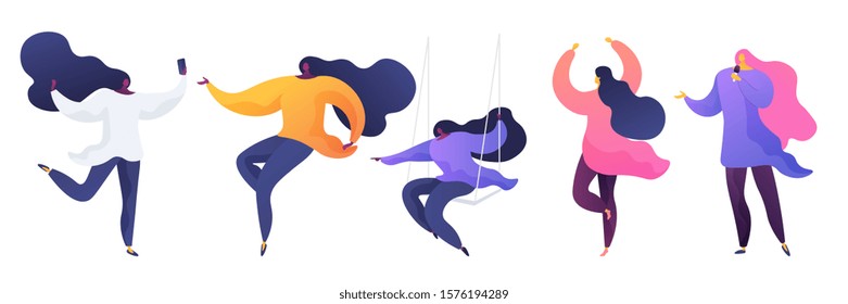 Women recreation flat vector illustrations set. Social media leisure, girlfriends with smartphone. African american lady on swing. Dancing and singing hobby, female singer holding microphone